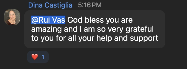 Chat message from Dina Castiglia: &ldquo;@Rui Vas God bless you are amazing and I am so very grateful to you for all your help and support&rdquo;