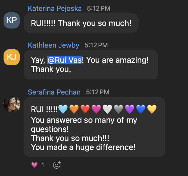 Chat messages &mdash; Katerina Pejoska: &ldquo;RUI!!!!! Thank you so much!&rdquo; Kathleen Jewby: &ldquo;Yay, @Rui Vas! You are amazing! Thank you.&rdquo; Serafina Pechan: &ldquo;RUI!!!!! You answered so many of my questions! Thank you so much!!! You made a huge difference!&rdquo;